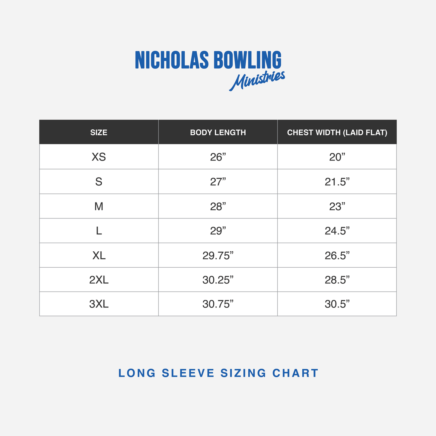 Long Sleeve Shirt Size Chart